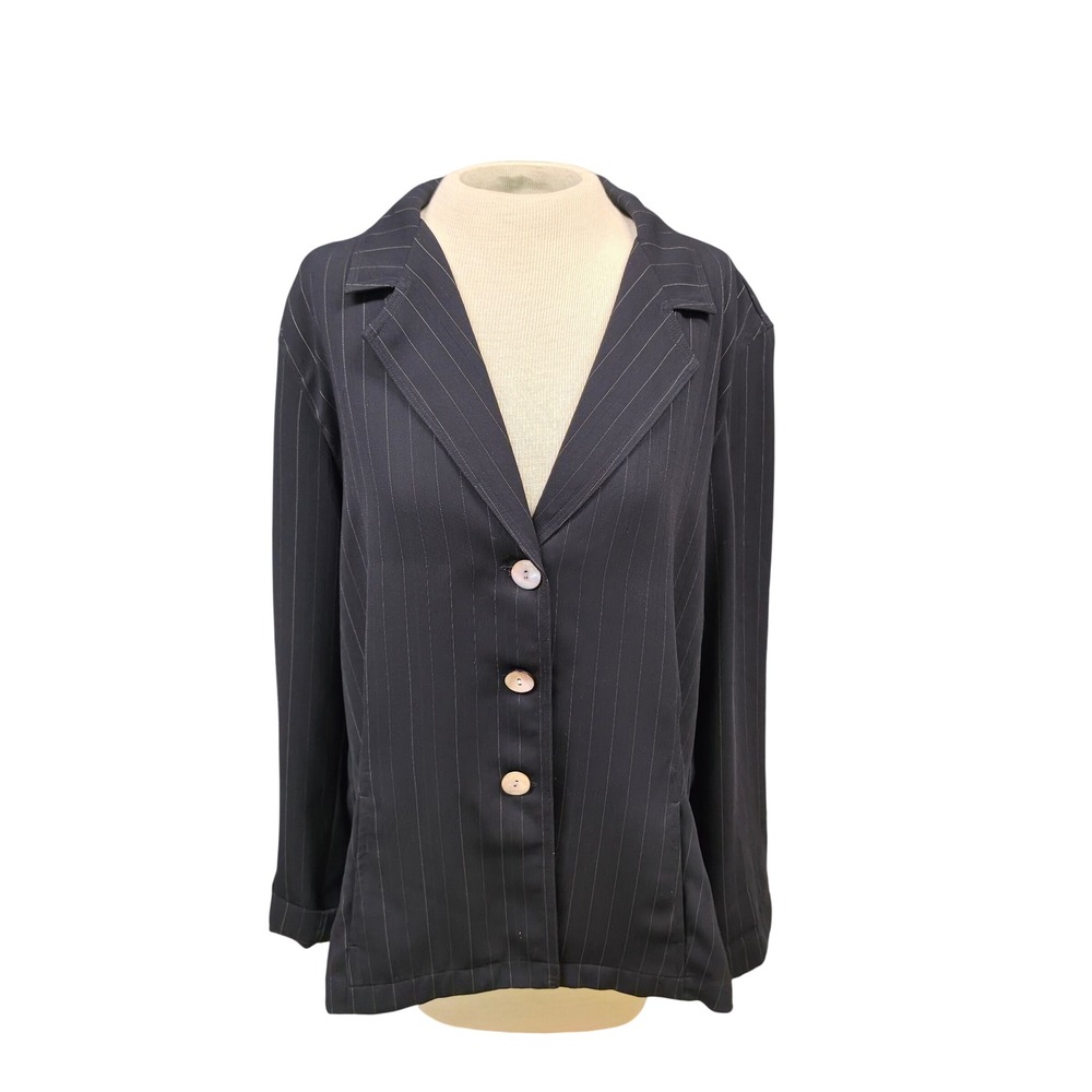 Chico's Design Pinstripe Blazer Womens Size 3 Black Good 3-Button Lightweight